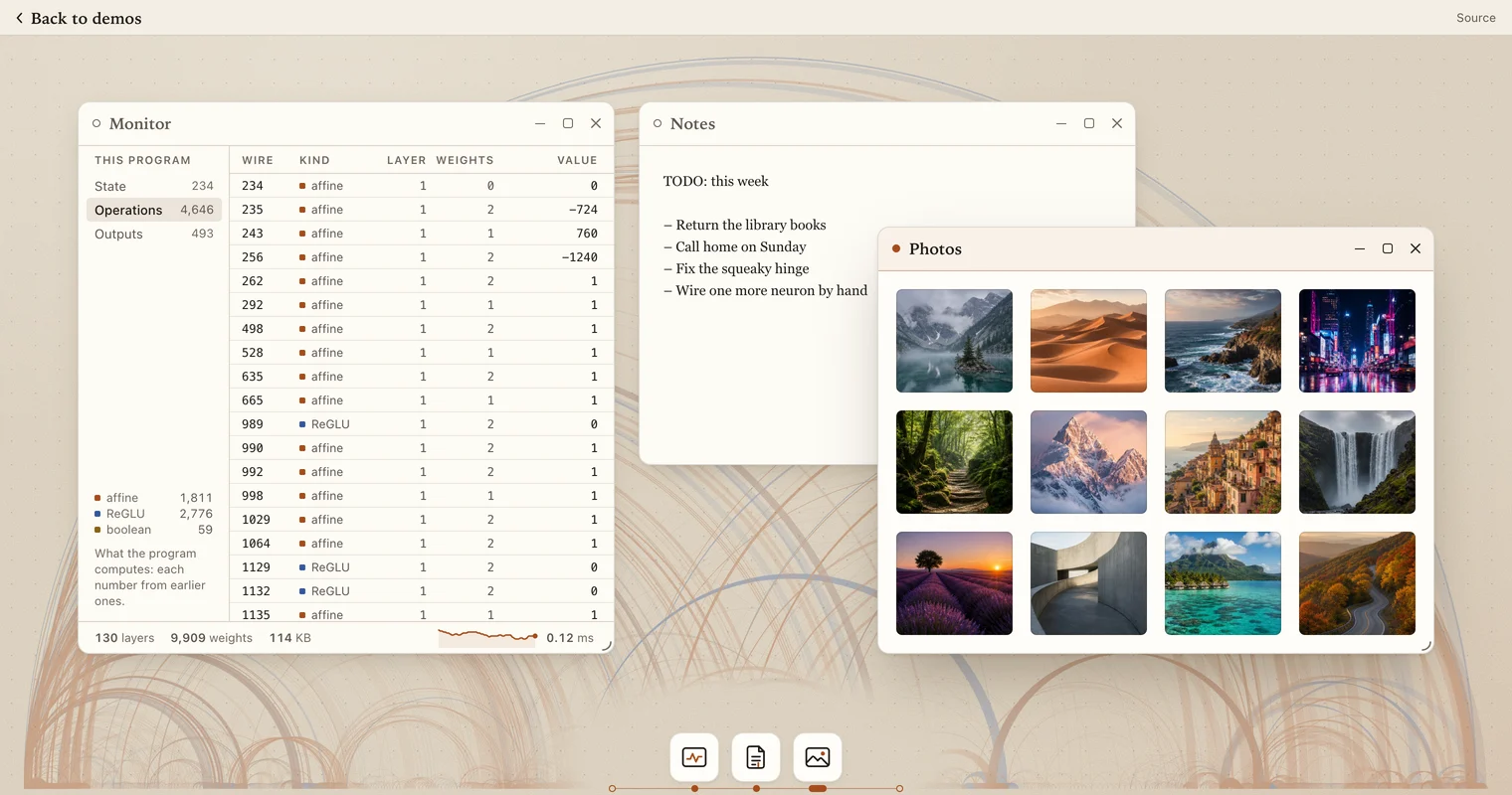 A screenshot of Mini OS, the HandwiredOS desktop: three windows on a beige desk with a grid of photos in front, all drawn by one numeric program.